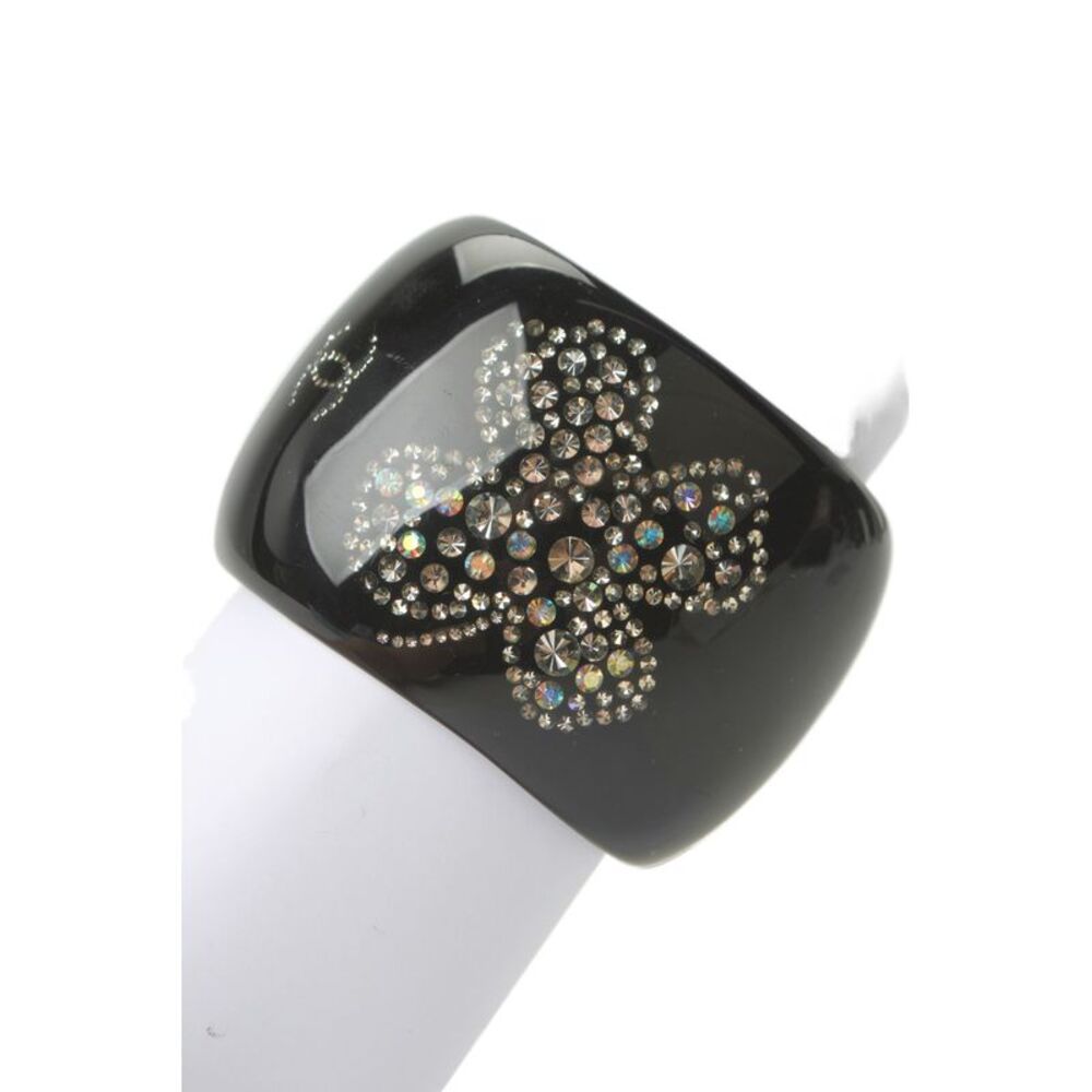 Chanel Womens Black Acrylic Rhinestone Clover Hinged Cuff Bracelet OS